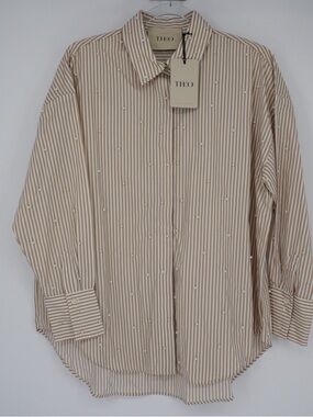 THEO THE LABEL Echo Pearly Shirt Sand Pearl Button Down Small NEW Classic Preppy